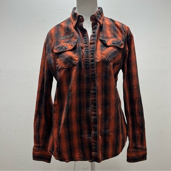 Women's Harley Davidson Embroidered Flannel Button Up Long Sleeve Orange/Black M - Picture 1 of 6